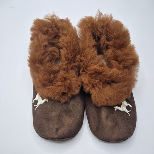 Alpaca-sheep wool slippers brown fur trim