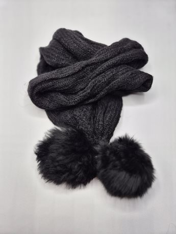 Alpaca Scarf black lace weight with fur pom poms