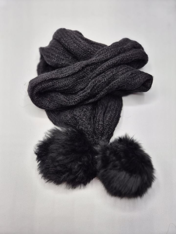 Alpaca Scarf black lace weight with fur pom poms