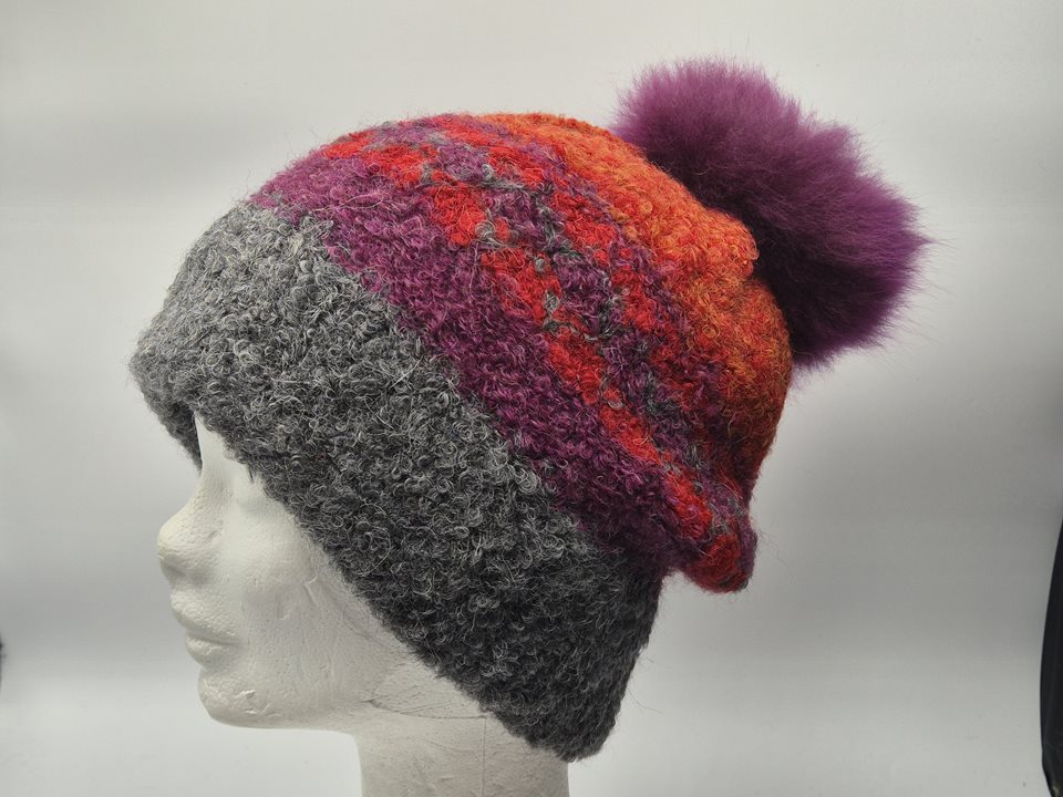 Alpaca stripped slouch beanie hat with fur pompom