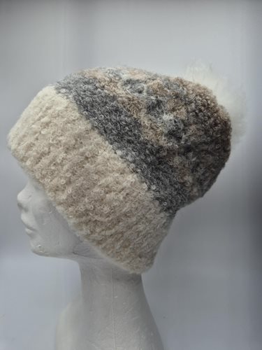 Alpaca stripped slouch beanie hat with fur pompom