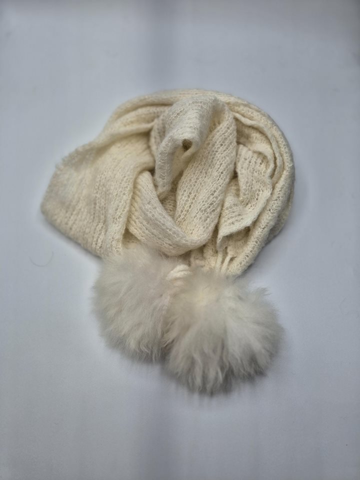 Alpaca Scarf cream lace weight with pom poms