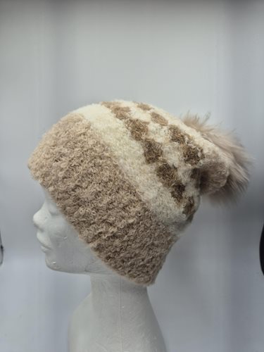 Alpaca stripped slouch beanie hat with fur pompom