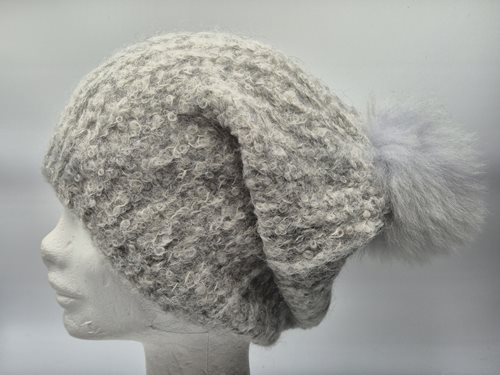 Alpaca slouch beanie hat with fur pompom light grey