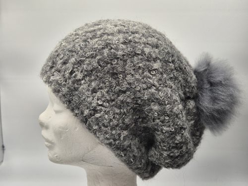 Alpaca slouch beanie hat with fur pompom grey