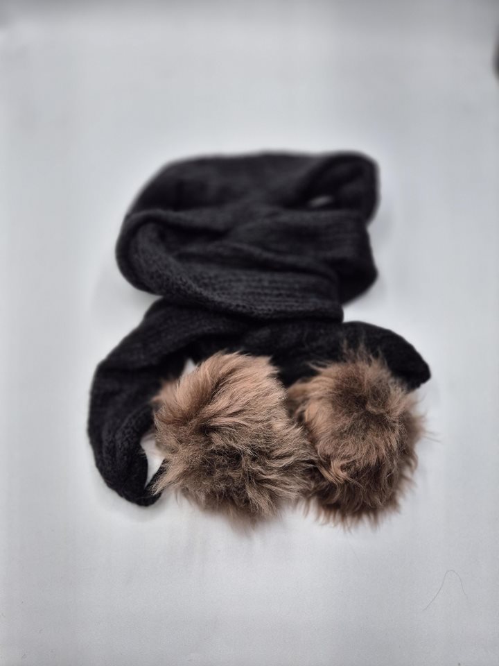 Alpaca Scarf black lace weight with fur pom poms