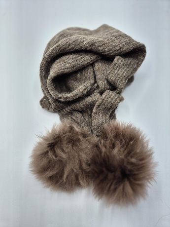 Alpaca Scarf rose grey lace weight with fur pom poms