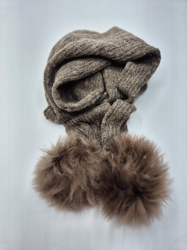 Alpaca Scarf rose grey lace weight with fur pom poms
